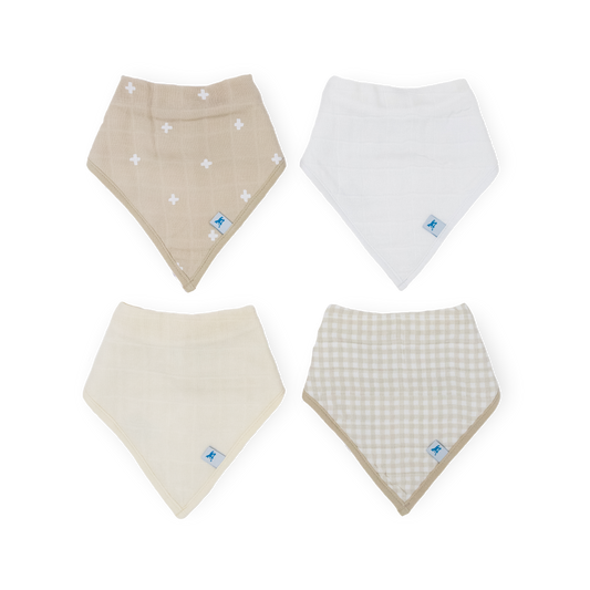 Cotton Muslin + Fleece Bandana Bib 4 Pack - Taupe Cross