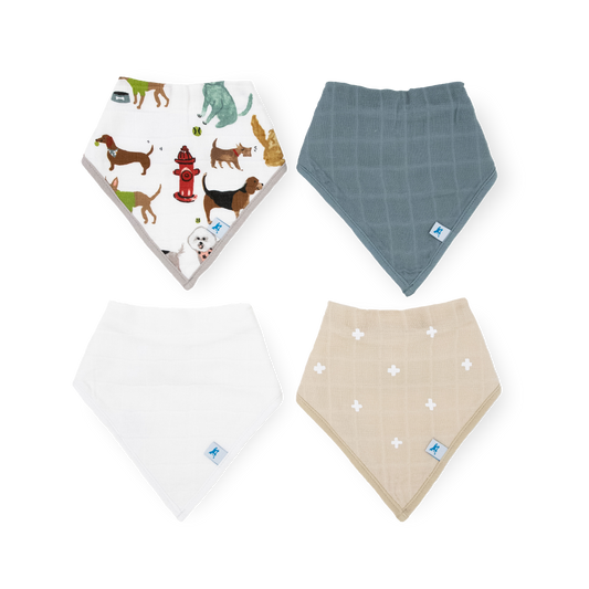 Cotton Muslin + Fleece Bandana Bib 4 Pack - Woof