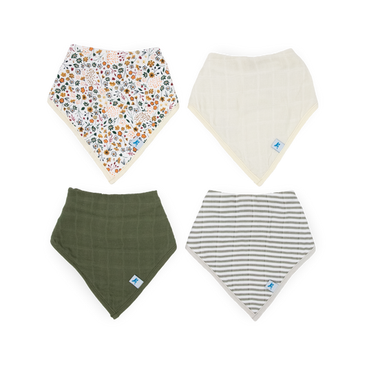 Cotton Muslin + Fleece Bandana Bib 4 Pack - Pressed Petals