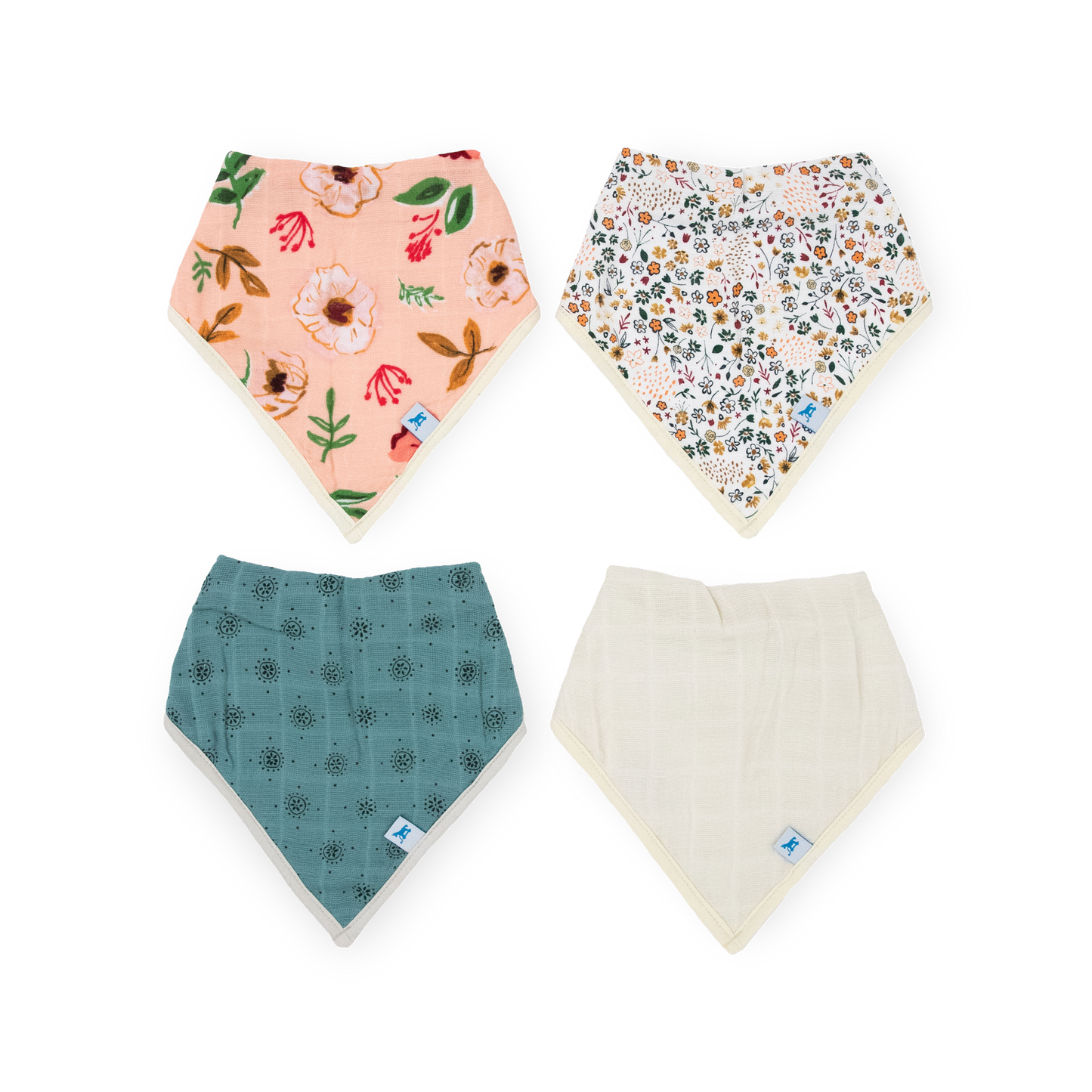 Cotton Muslin + Fleece Bandana Bib 4 Pack - Vintage Floral