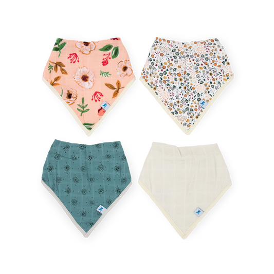 Cotton Muslin + Fleece Bandana Bib 4 Pack - Vintage Floral