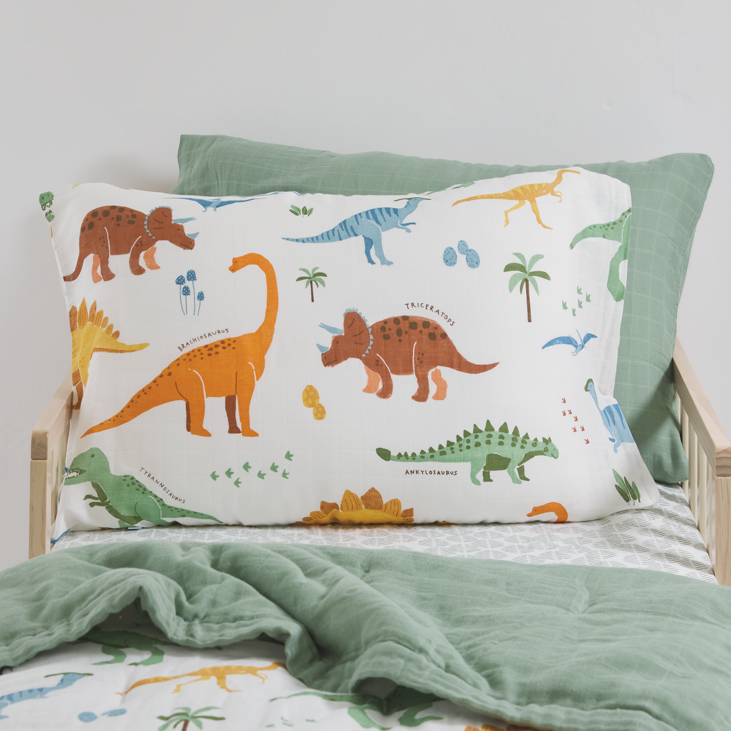 Cotton Muslin Pillowcase 2 Pack - Dino Names