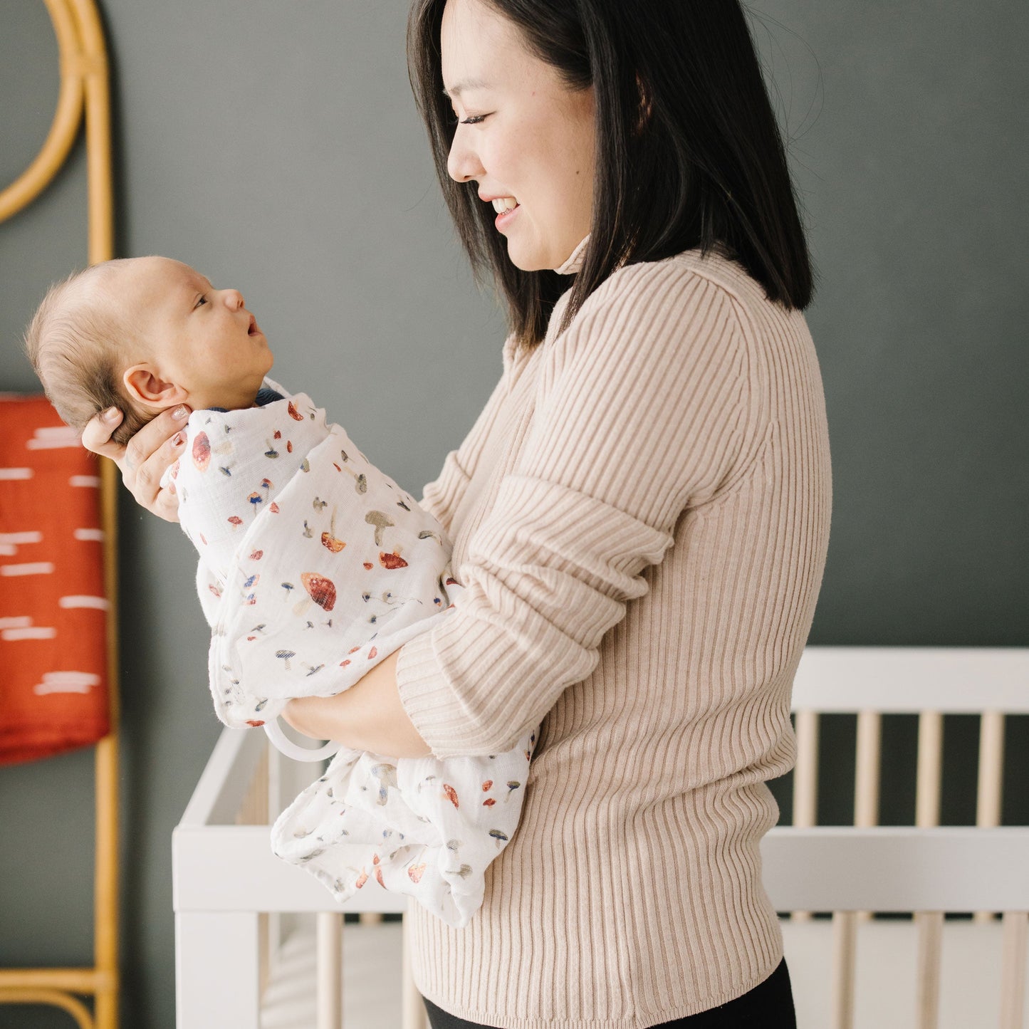 Cotton Muslin Swaddle Blanket - Mushrooms