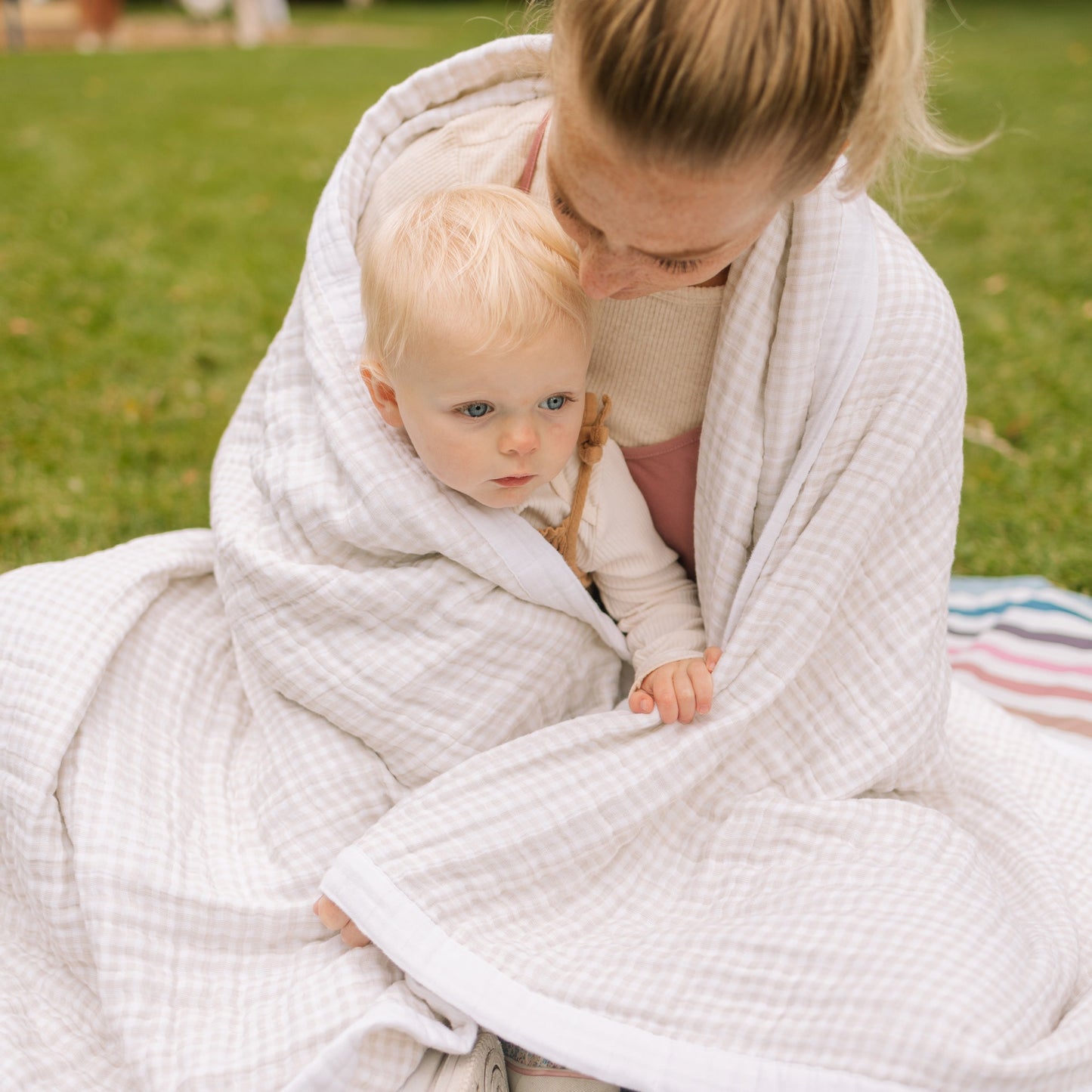 Cotton Muslin Quilted Throw - Tan Gingham