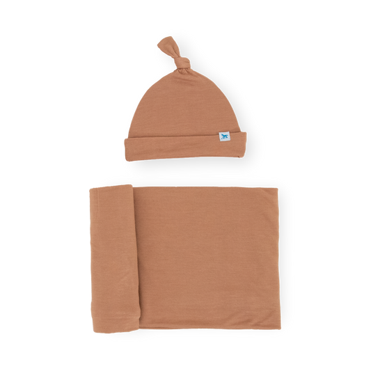 Stretch Knit Swaddle and Hat Set - Terracotta