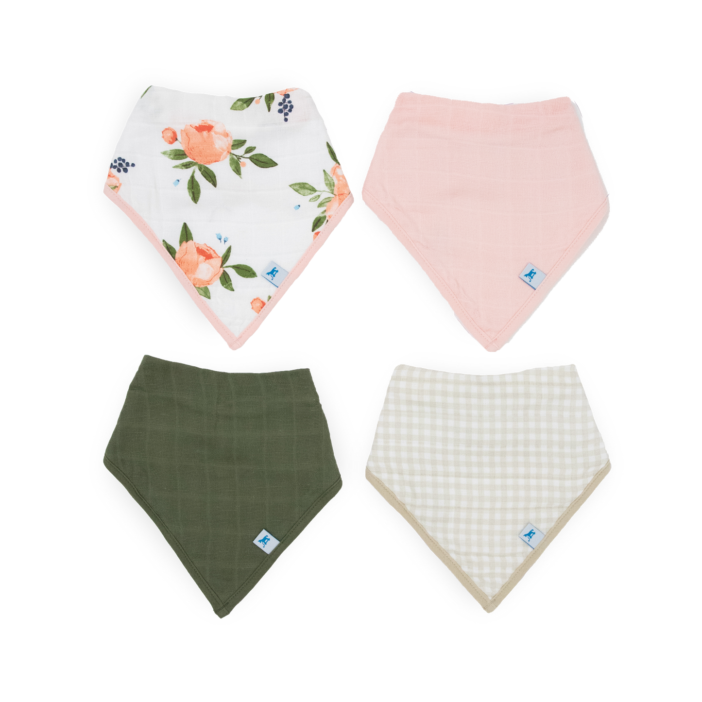 Cotton Muslin + Fleece Bandana Bib 4 Pack - Watercolor Roses