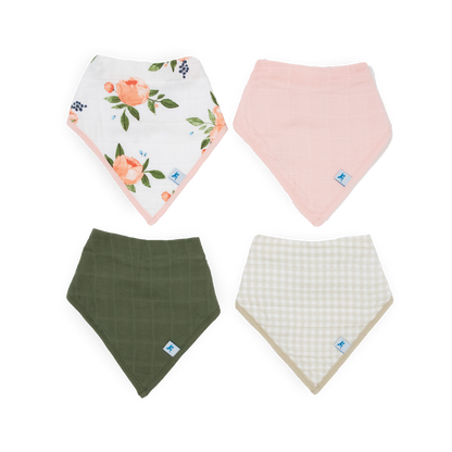 Cotton Muslin + Fleece Bandana Bib 4 Pack - Watercolor Roses