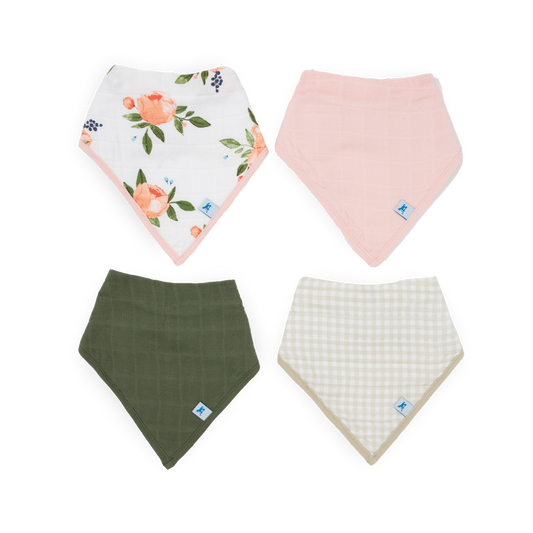 Cotton Muslin + Fleece Bandana Bib 4 Pack - Watercolor Roses