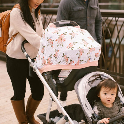 Cotton Muslin Car Seat Canopy - Watercolor Roses