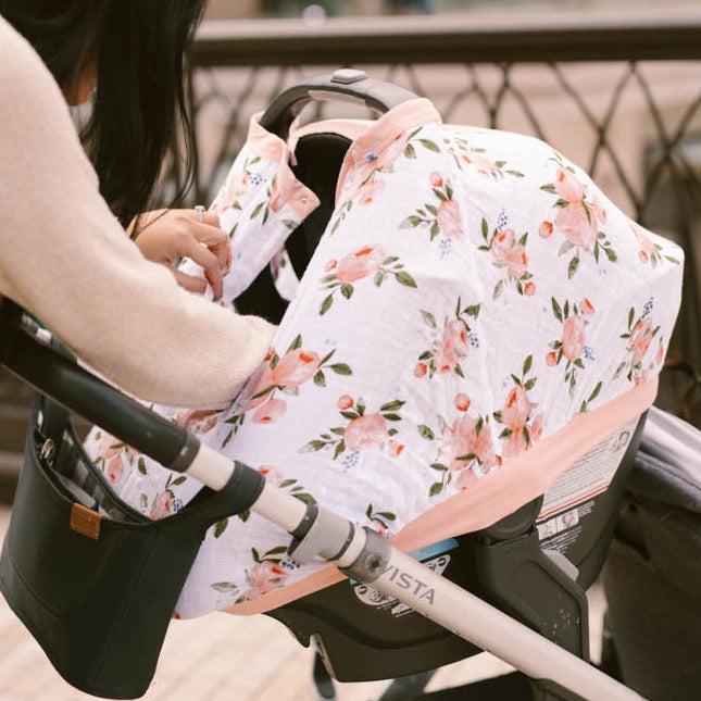 Cotton Muslin Car Seat Canopy - Watercolor Roses