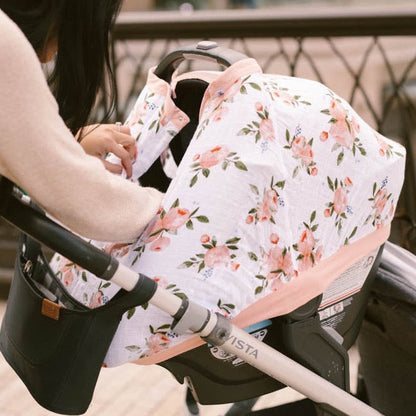 Cotton Muslin Car Seat Canopy - Watercolor Roses