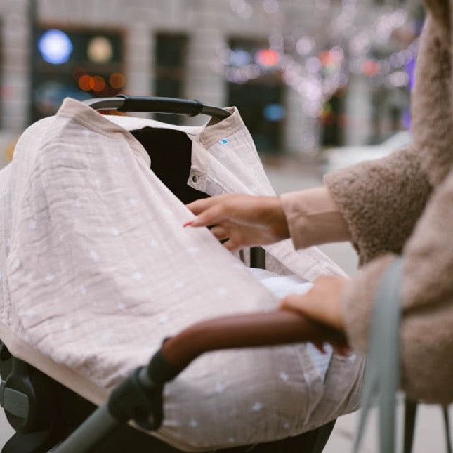 Cotton Muslin Car Seat Canopy - Taupe Cross