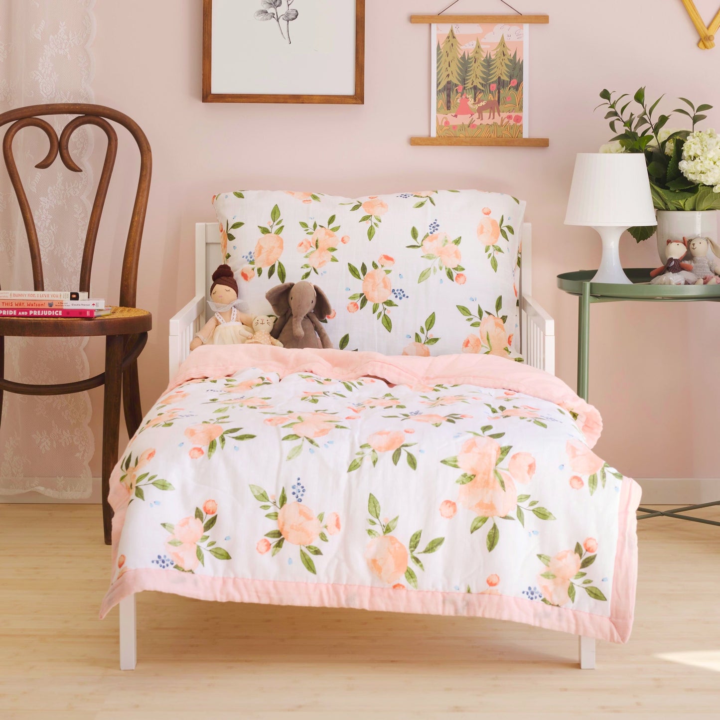 Cotton Muslin Toddler Bedding 3 Piece Set - Watercolor Roses Grande