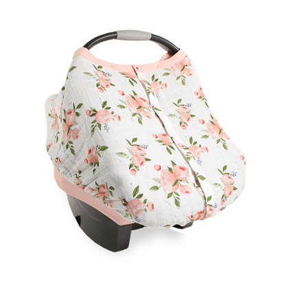 Cotton Muslin Car Seat Canopy - Watercolor Roses