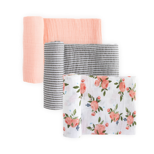 Cotton Muslin Swaddle Blanket 3 Pack - Watercolor Roses