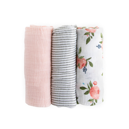 Cotton Muslin Swaddle Blanket 3 Pack - Watercolor Roses