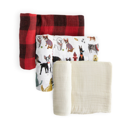 Cotton Muslin Swaddle Blanket 3 Pack - Woof