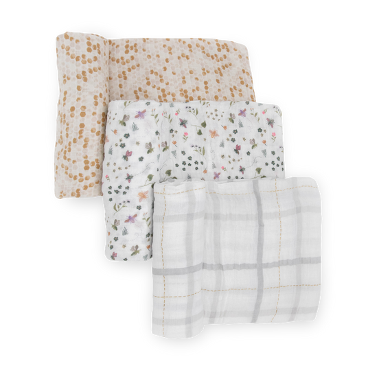 Cotton Muslin Swaddle Blanket 3 Pack - Garden Bees