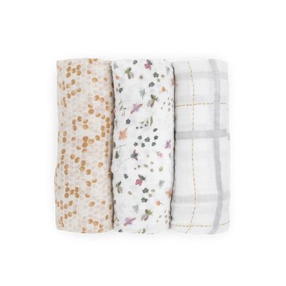 Cotton Muslin Swaddle Blanket 3 Pack - Garden Bees