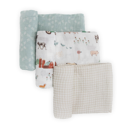 Cotton Muslin Swaddle Blanket 3 Pack - Farmyard