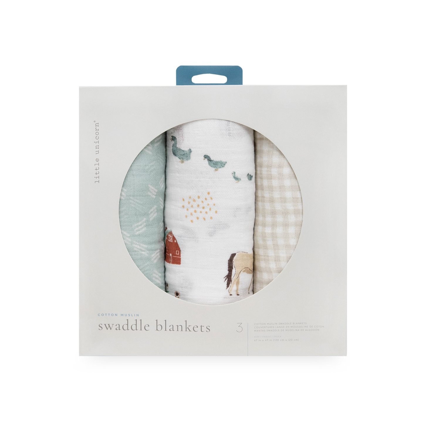 Cotton Muslin Swaddle Blanket 3 Pack - Farmyard