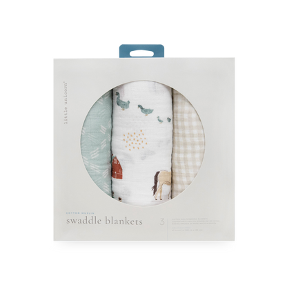 Cotton Muslin Swaddle Blanket 3 Pack - Farmyard