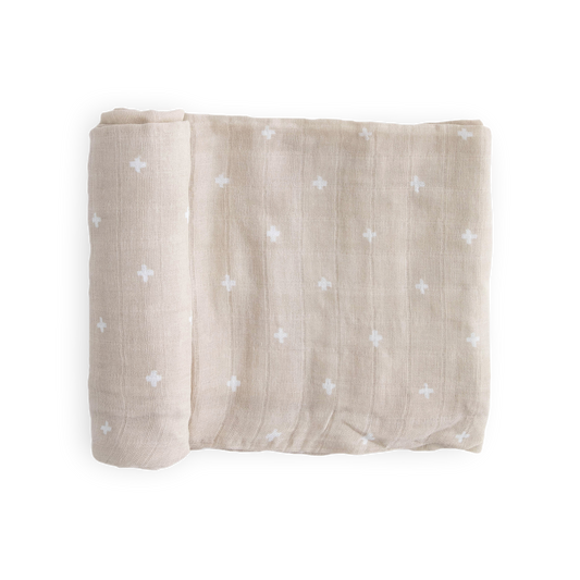 Cotton Muslin Swaddle Blanket - Taupe Cross