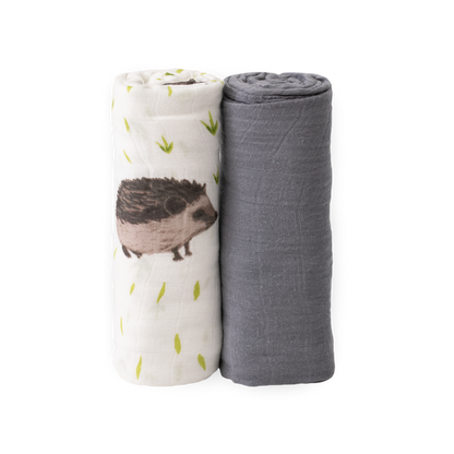 Deluxe Muslin Swaddle Blanket 2 Pack - Charcoal Hedgehog