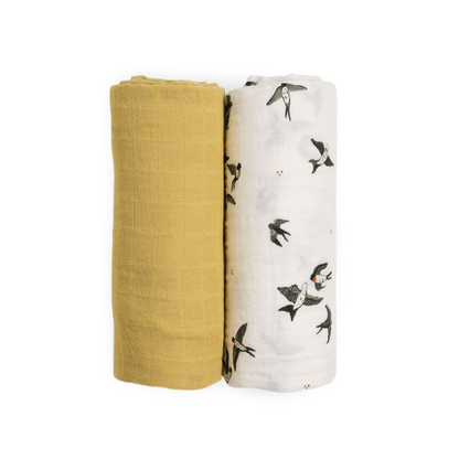 Organic Cotton Muslin Swaddle Blanket 2 Pack - Swallows