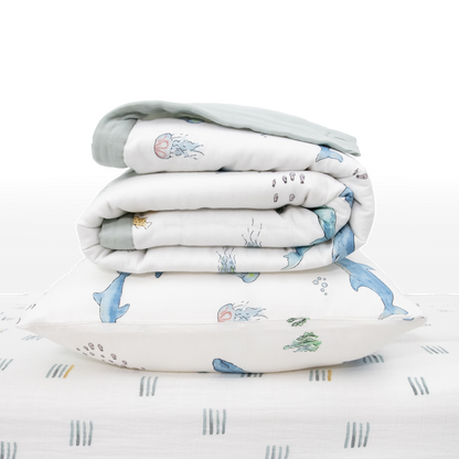 Cotton Muslin Toddler Bedding 3 Piece Set - Whales