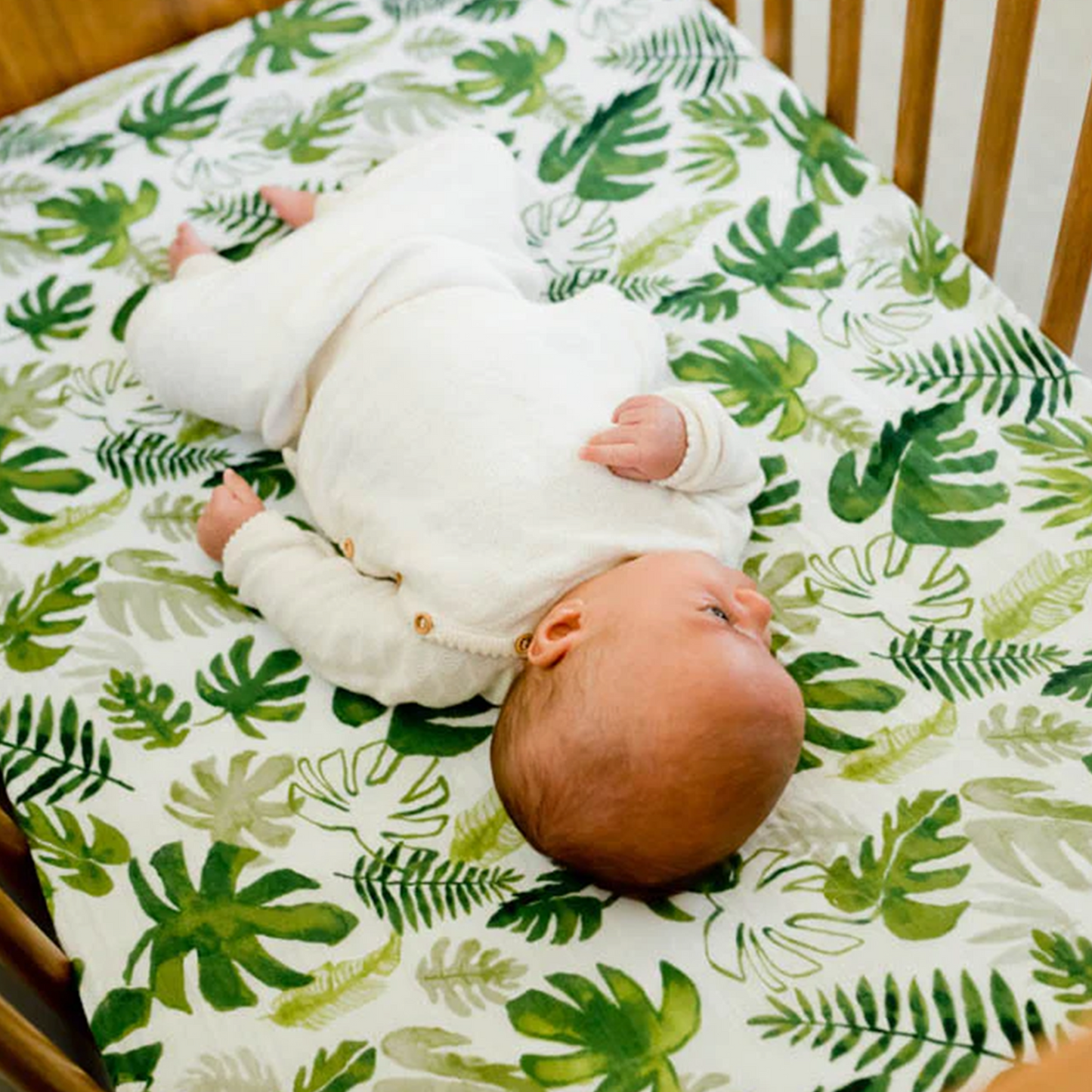 Cotton Muslin Crib Sheet - Tropical Leaf