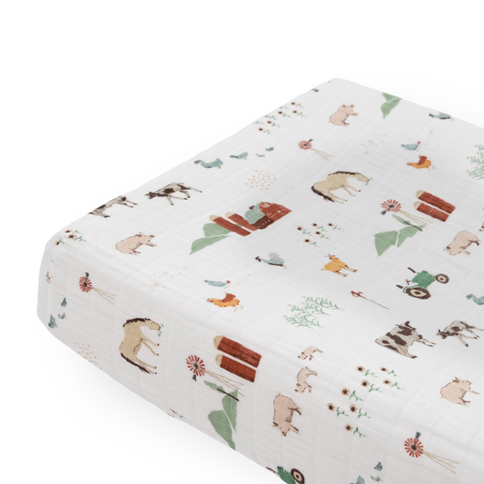 Cotton Muslin Changing Pad Cover - Farmyard