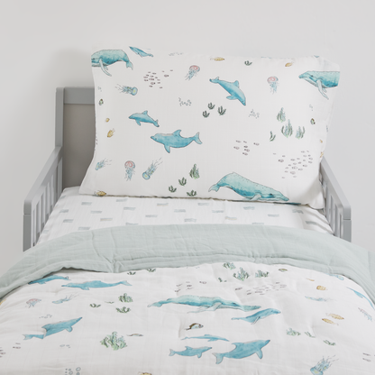 Cotton Muslin Toddler Bedding 3 Piece Set - Whales