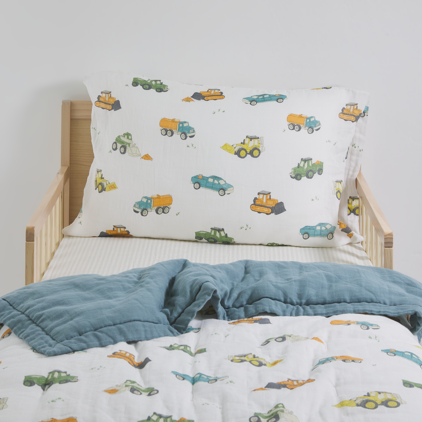 Cotton Muslin Toddler Bedding 3 Piece Set - Work Trucks